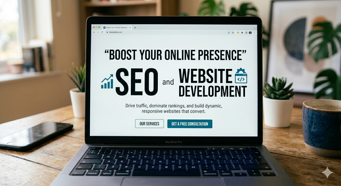 Show one laptop and write there SEO and Website Development Services